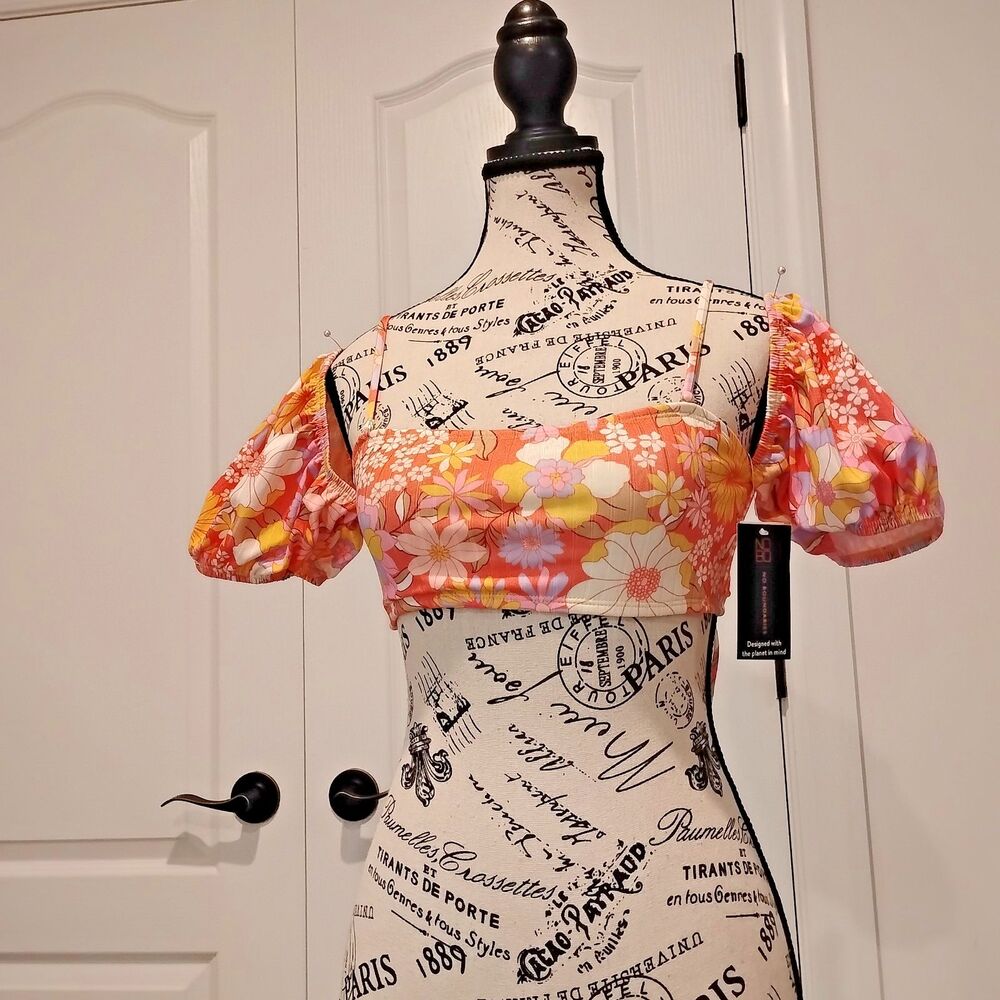 Women S Swim Top Puff Sleeve Retro Floral Stretch Trendy Cooling Junior NEW
